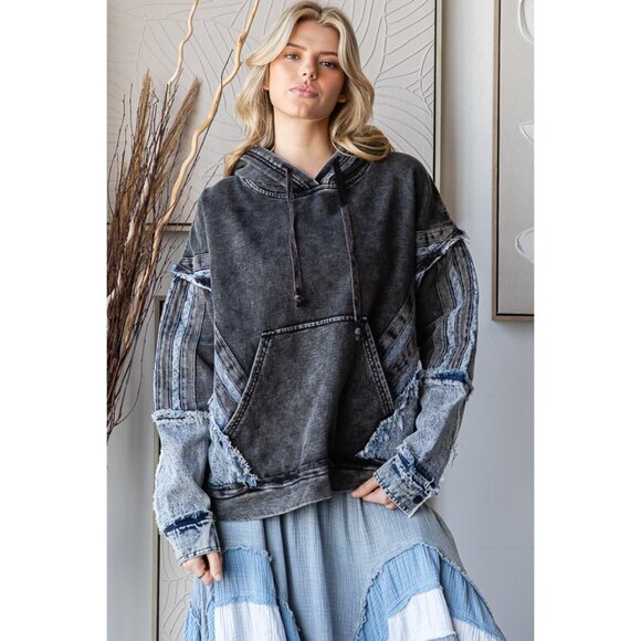 Oli & Washed Mixed Denim Hooded Pullover Top NEW Size XL - Picture 5 of 9